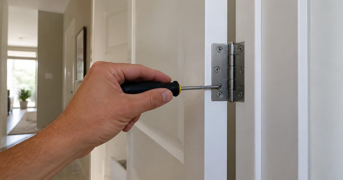 Adjusting a hinge screw on a white interior door that will not close properly