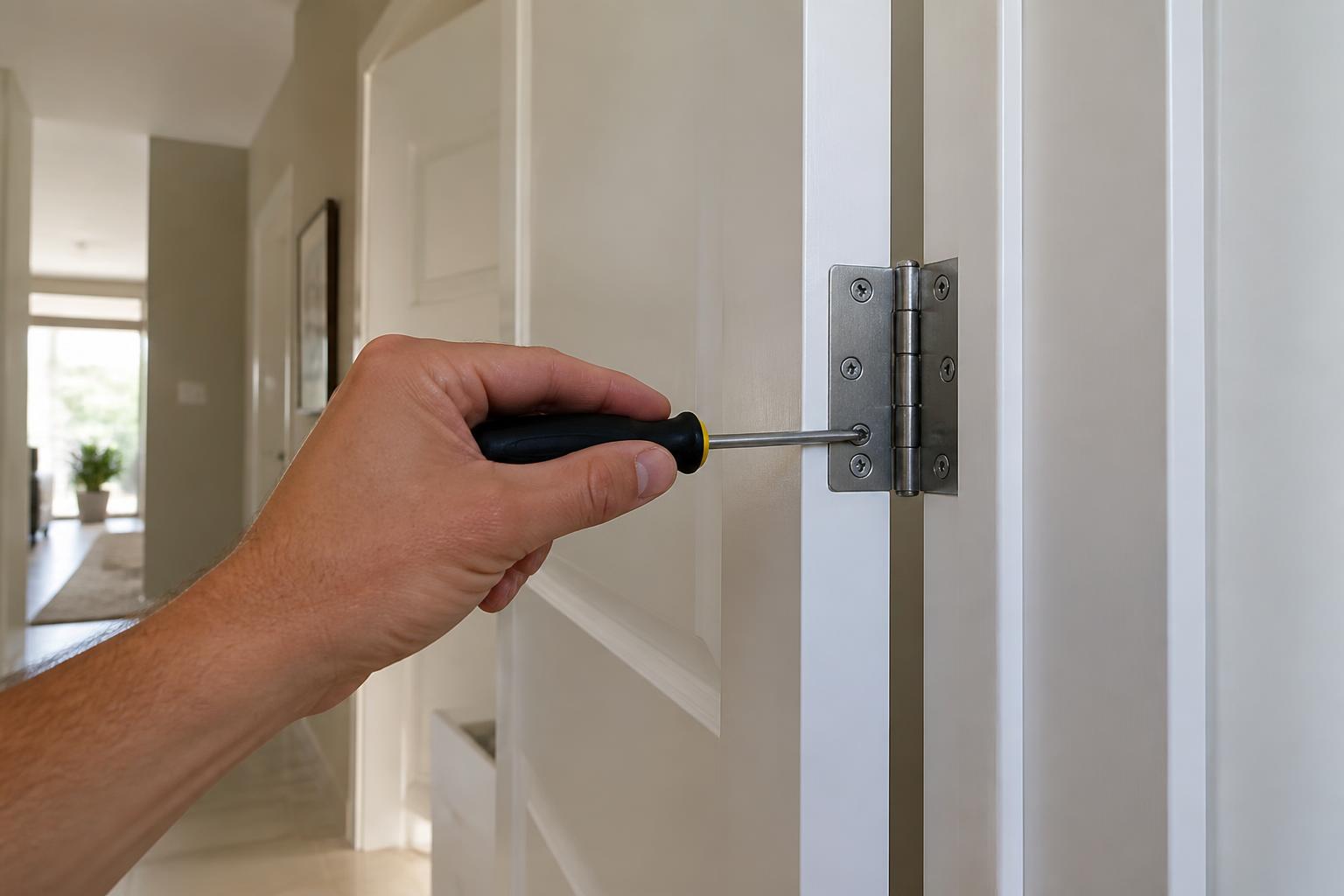 Adjusting a hinge screw on a white interior door that will not close properly