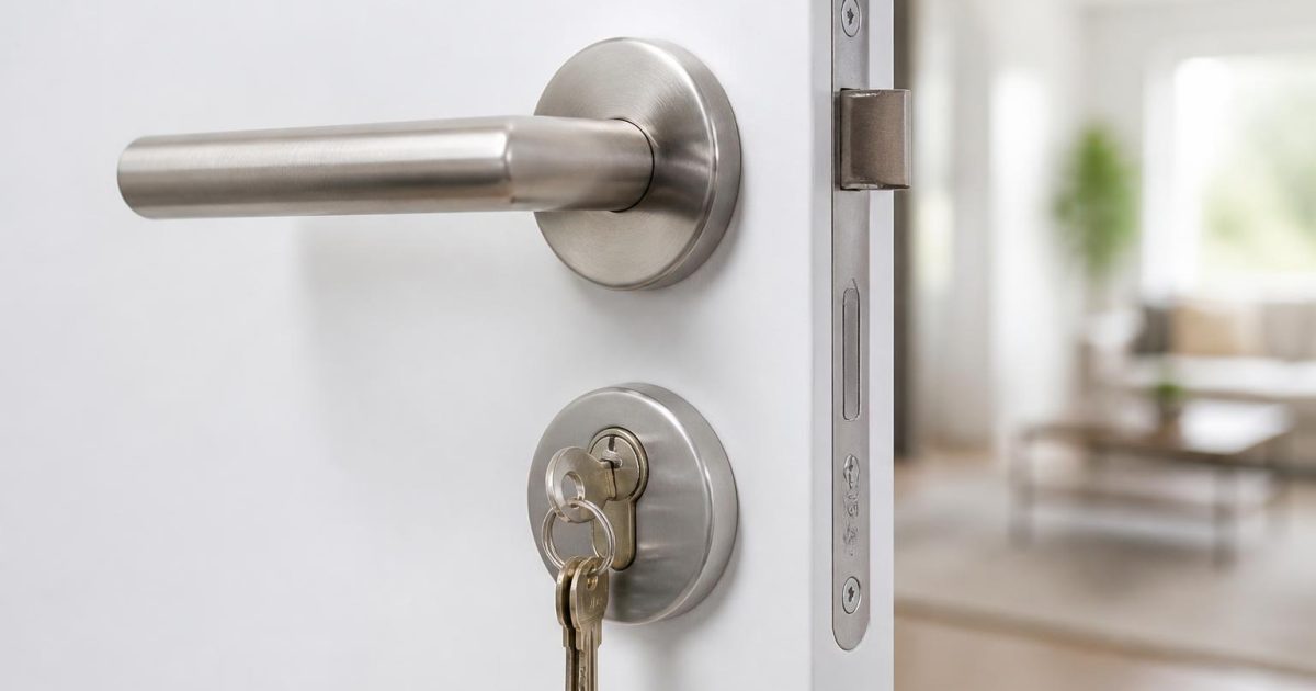 Stainless steel lever handle and cylinder lock with keys fitted to a home door