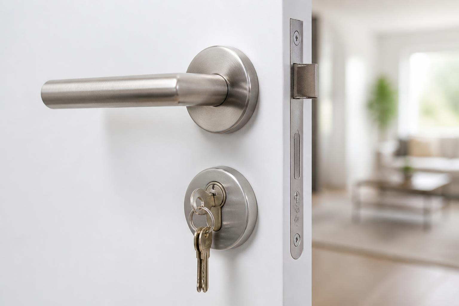 Stainless steel lever handle and cylinder lock with keys fitted to a home door
