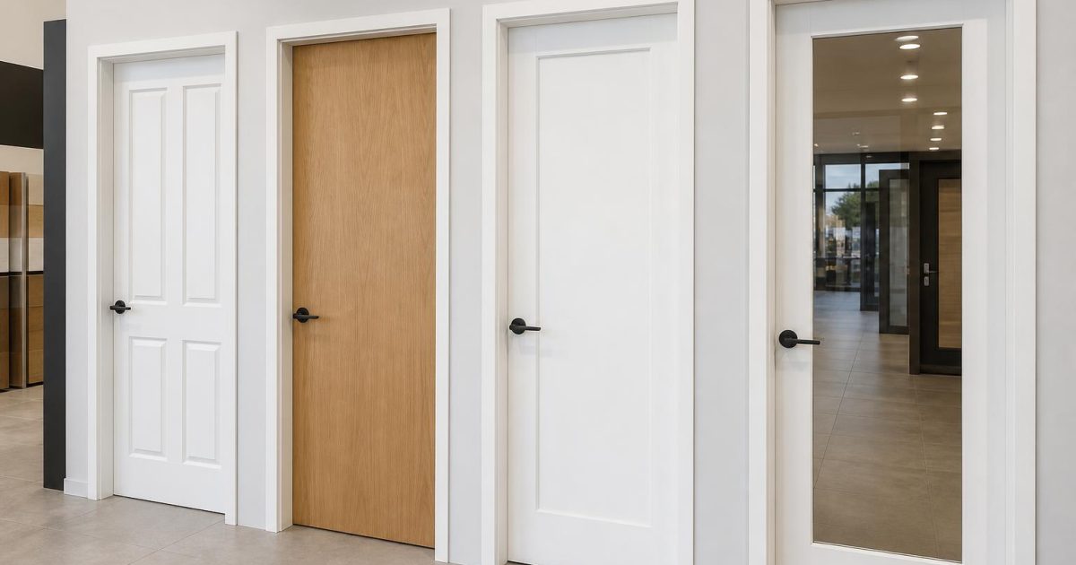 Four interior door styles side by side: four-panel, oak veneer flush, shaker and glazed