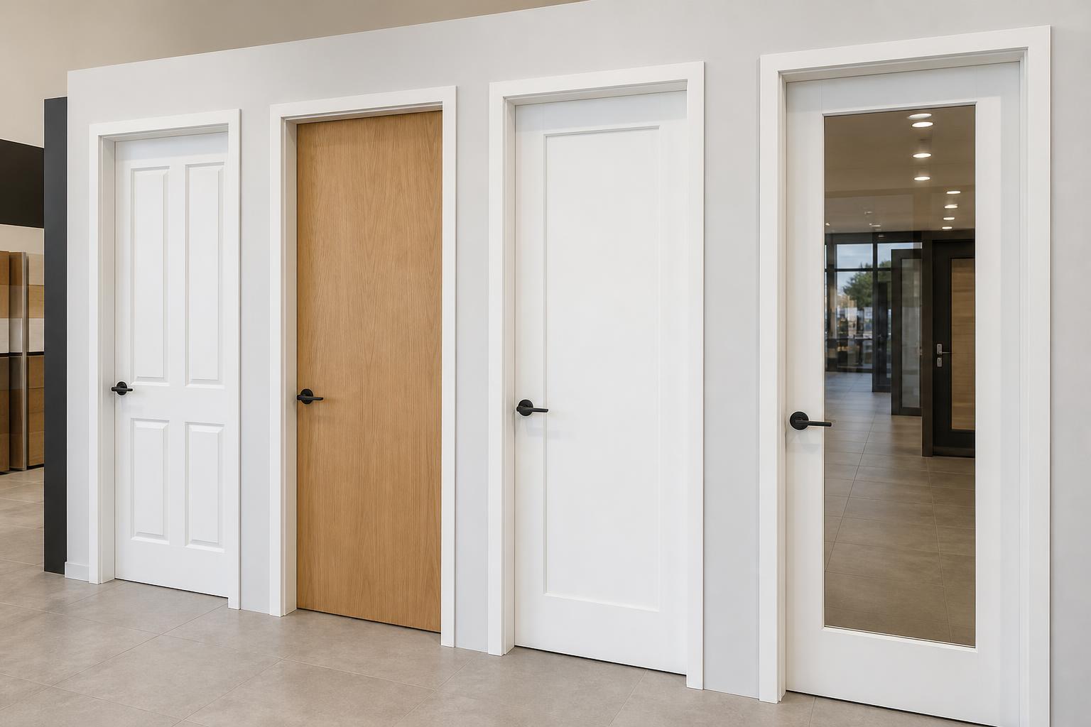 Four interior door styles side by side: four-panel, oak veneer flush, shaker and glazed